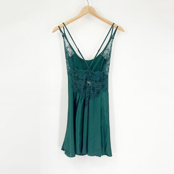 Vintage 90s Victoria's Secret Deep Green Lace Satin Lingerie Slip Dress Medium - Picture 2 of 6